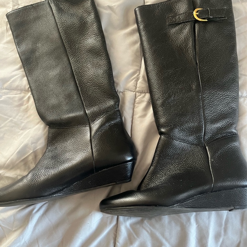 Women's Black Leather Knee-High Wedge Boots